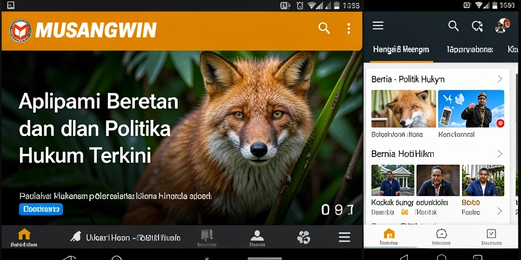 Tampilan utama aplikasi MUSANGWIN yang menampilkan berita politik dan hukum.