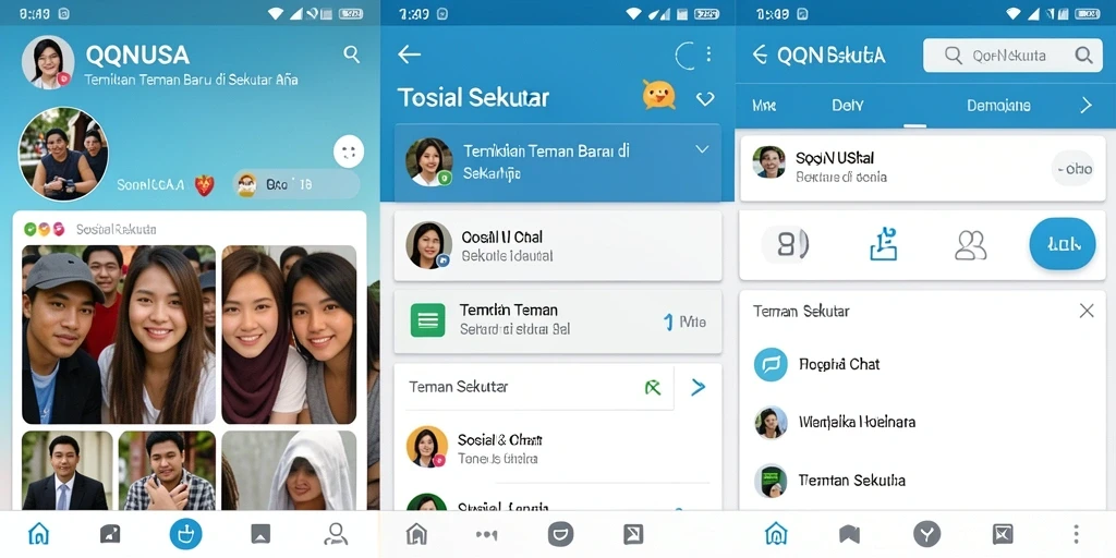 Antarmuka QQNUSA menampilkan pengguna terdekat dan fitur chatting.