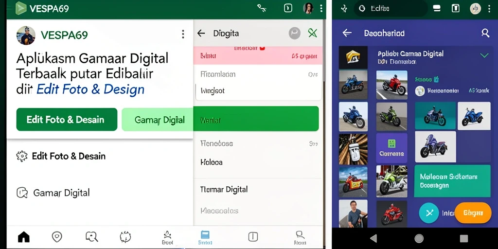 Screenshot aplikasi VESPA69 menampilkan fitur editing foto yang beragam dan intuitif.
